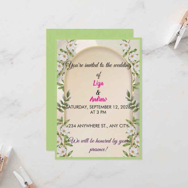 Faire-part de mariage à arche florale verte sauge  (Devant/Arrière en situation)