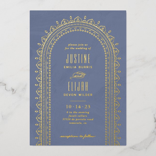 Faire-part de mariage à arche ornée - Bleu (Recto)