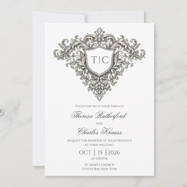 Faire-part de mariage à armoiries de monogramme ma (Devant)