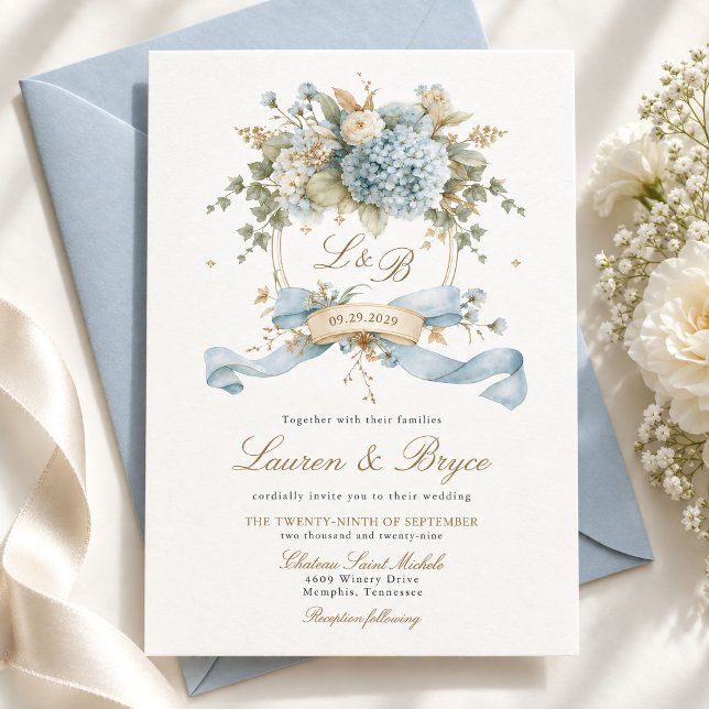 Faire-part de mariage à blason aquarelle Hydrangea (Créateur téléchargé)