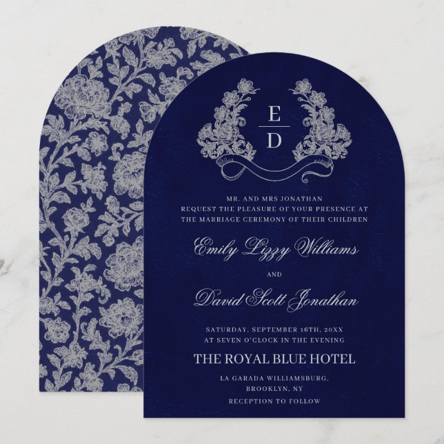 Faire-part de mariage à blason floral monogramme N (Devant / Derrière)