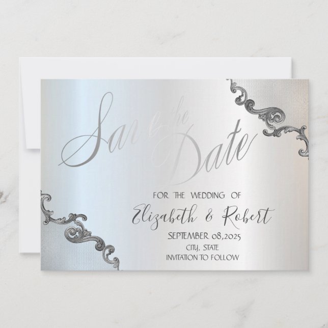 Faire-Part de Mariage à Bordure de Dentelle Argent (Devant)