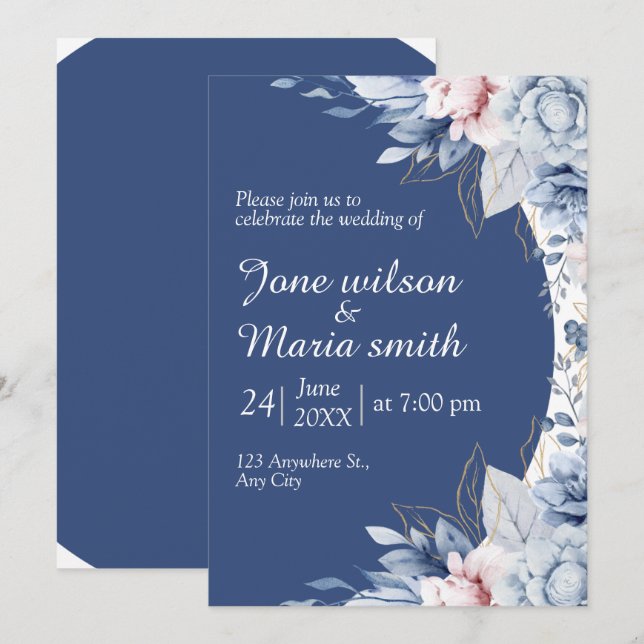 Faire-part de mariage à bordure de fleurs bleues (Devant / Derrière)