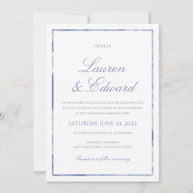 Faire-part de mariage à bordure de marbre - Bleu b (Devant)
