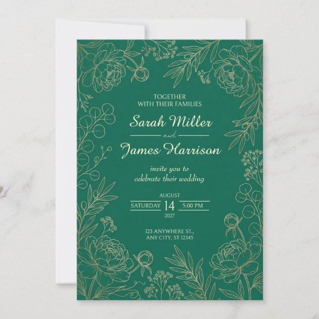 Faire-part de mariage à bordure de pivoine or émer (Devant)