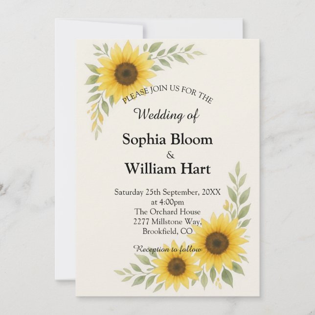 Faire-part de mariage à bordure de tournesol (Devant)