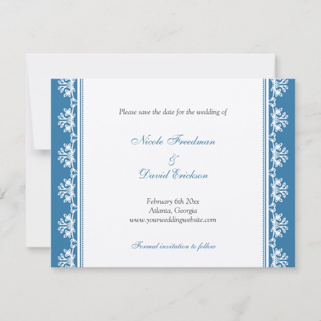 Faire-part de mariage à bordure filigranée bleu éc (Devant)
