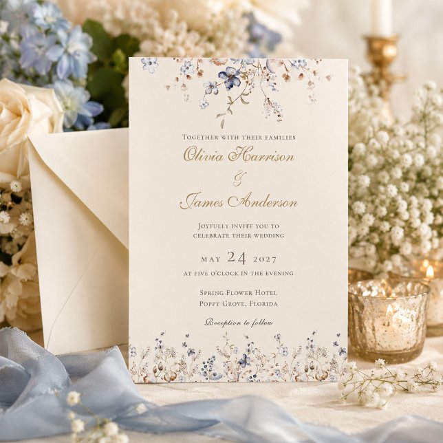 Faire-part de mariage à bordure florale bleu pouss (Dusty Blue Floral Border Wedding Invitation)