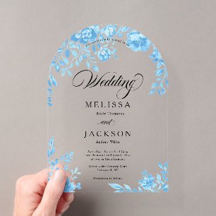 Faire-part de mariage à bordure florale bleue