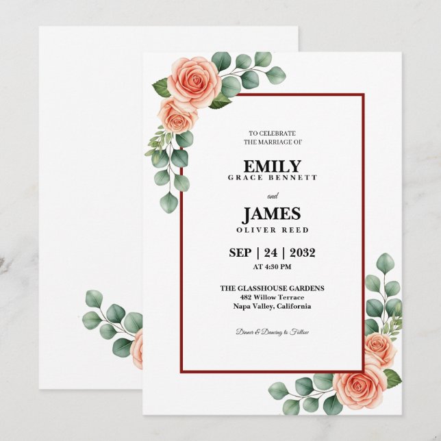 Faire-part de mariage à bordure florale Eucalyptus (Devant / Derrière)