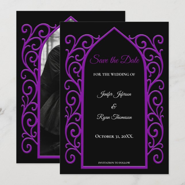 Faire-part de mariage à bordure violette ornée (Devant / Derrière)