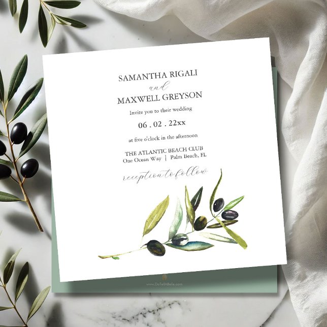Faire-part de mariage à branche d'olivier à l'aqua (watercolor wedding invitations olive branch art by Victoria Grigaliunas Do Tell A Belle)