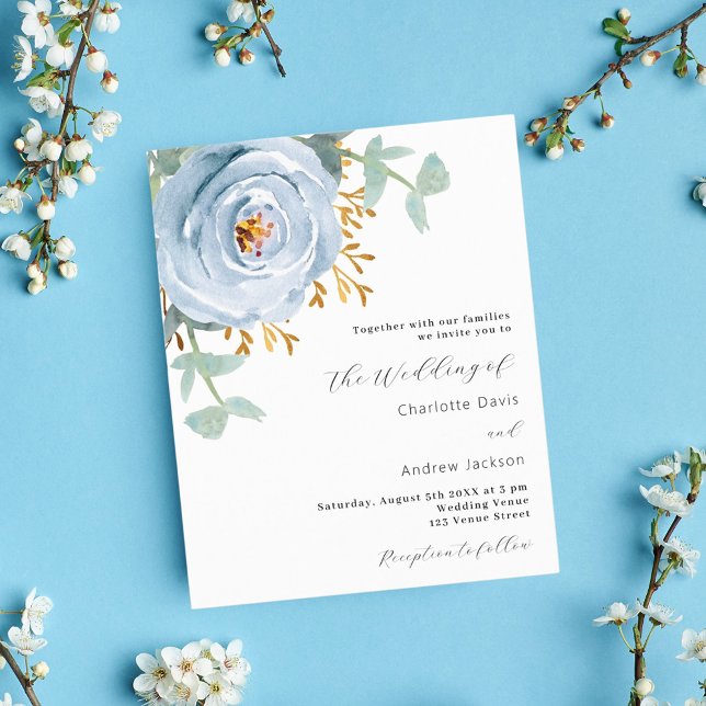 Faire-part de mariage à budget floral bleu poussié (Créateur téléchargé)