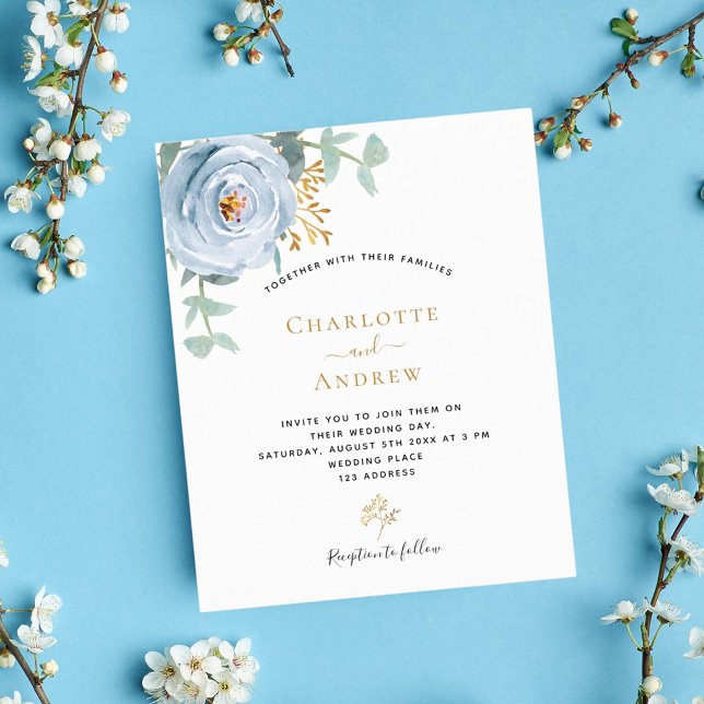 Faire-part de mariage à budget floral bleu poussié (Créateur téléchargé)