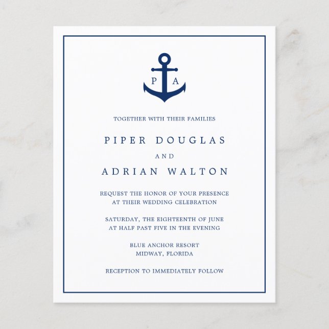 Faire-part de mariage à budget naval avec ancre et (Devant)