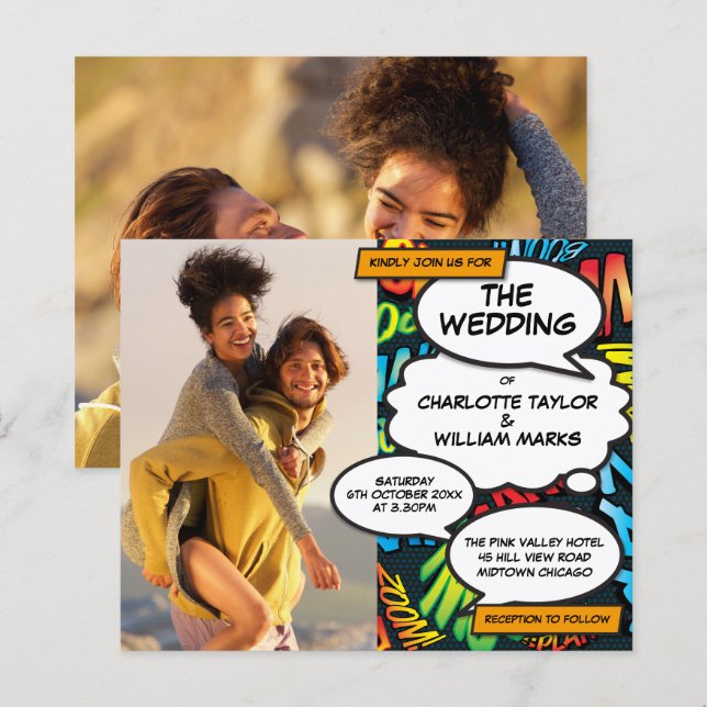Faire-part de mariage à budget photo de bande dess (Devant / Derrière)