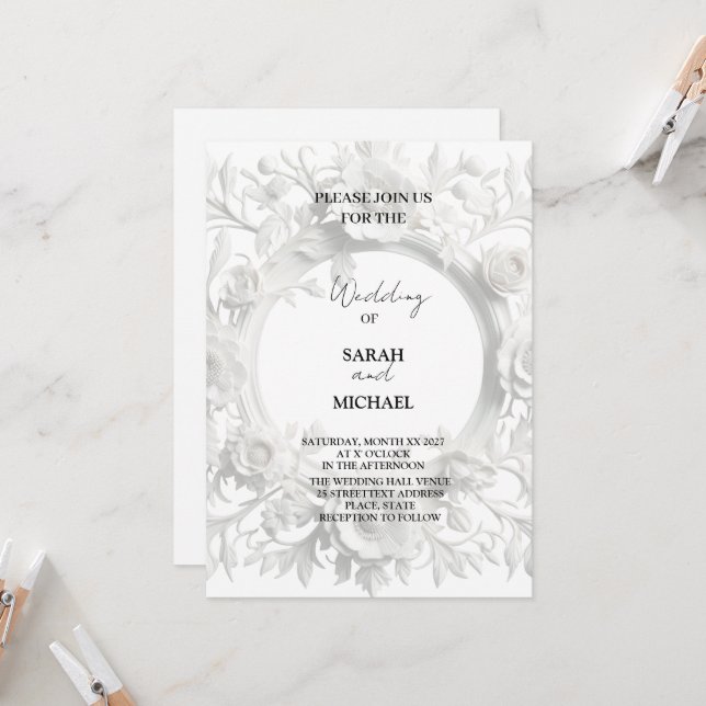 faire-part de mariage à cadre de fleurs en papier  (Devant/Arrière en situation)