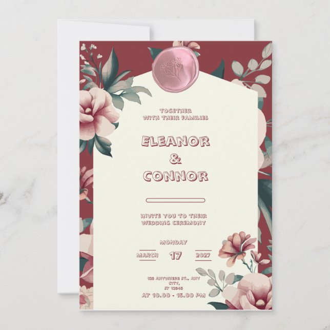 Faire-part de mariage à cadre de fleurs rouges (Devant)