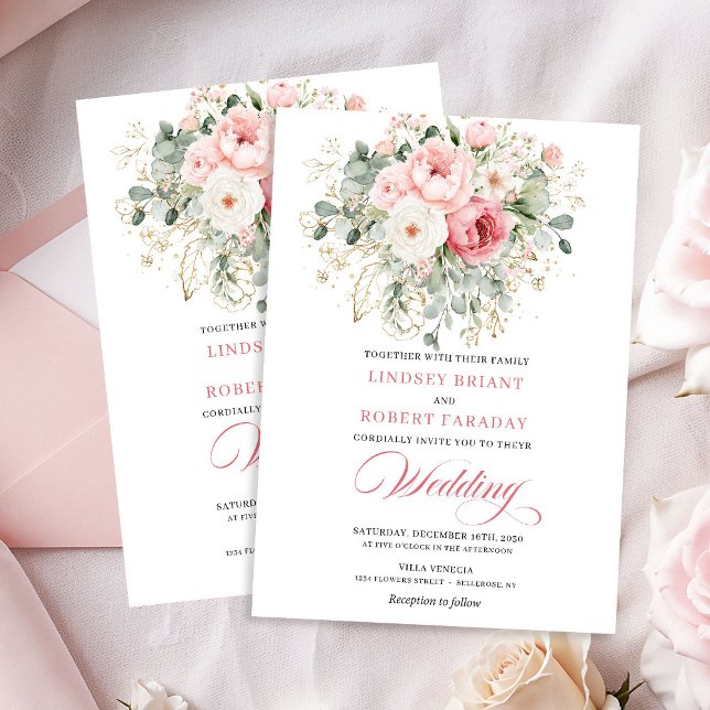 Faire-part de mariage à cadre doré avec roses blus (Modern Blush Roses Gold Frame Wedding Invitation)