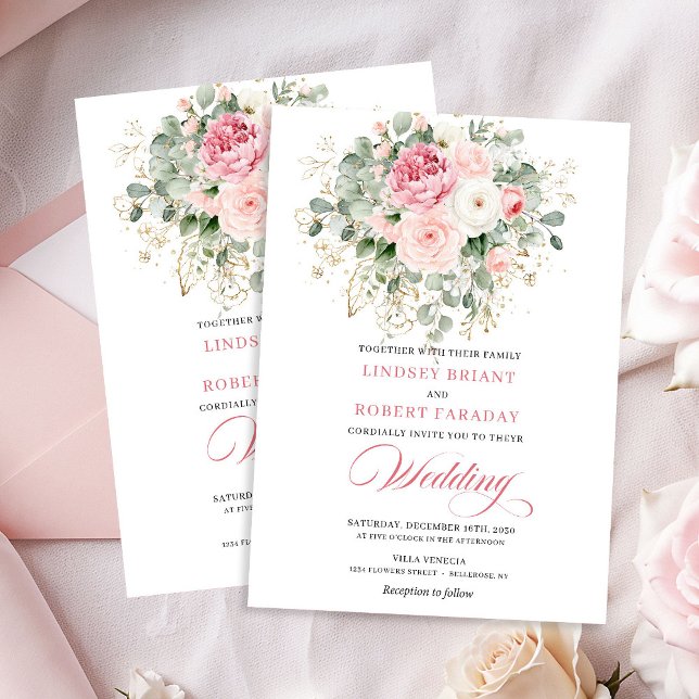 Faire-part de mariage à cadre doré avec roses Bohe (Bohemian Blush Roses Gold Frame Wedding Invitation)