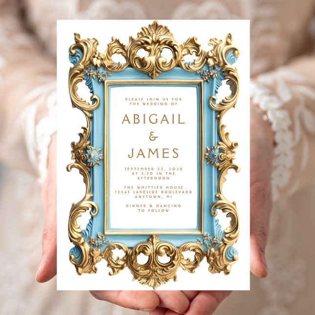 Faire-part de mariage à cadre doré bleu rococo vin (Créateur téléchargé)