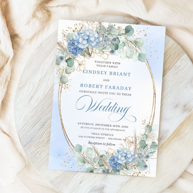 Faire-part de mariage à cadre doré et floral bleu  (Romantic Blue Floral Gold Frame Wedding Invitation)