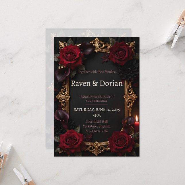 Faire-part de mariage à cadre doré et roses rouges (Devant/Arrière en situation)