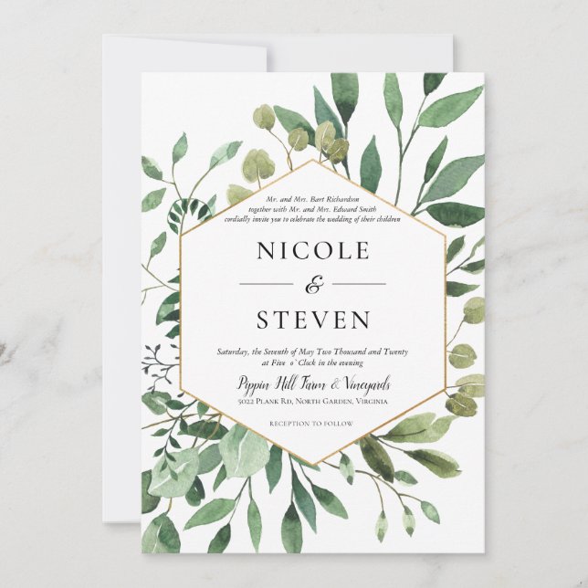 Faire-part de mariage à cadre doré et verdure élég (Devant)