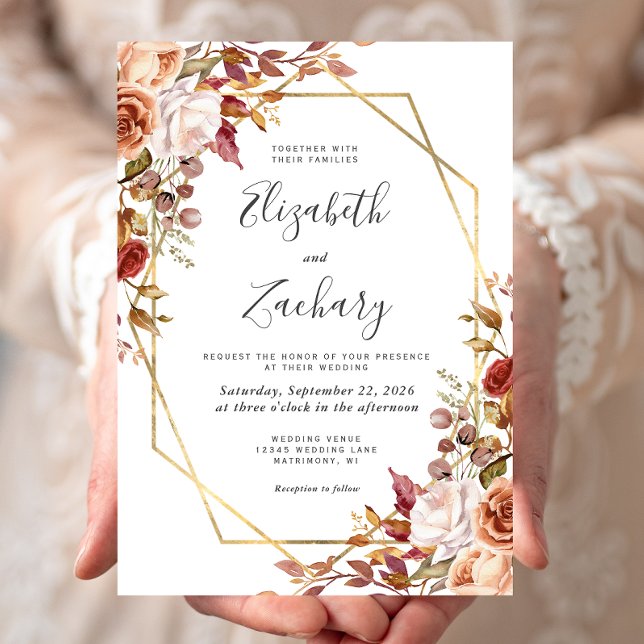 Faire-part de mariage à cadre doré floral automne  (Créateur téléchargé)