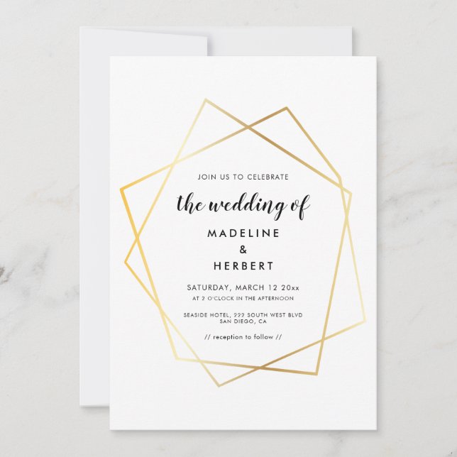 Faire-part de mariage à cadre doré géométrique mod (Devant)