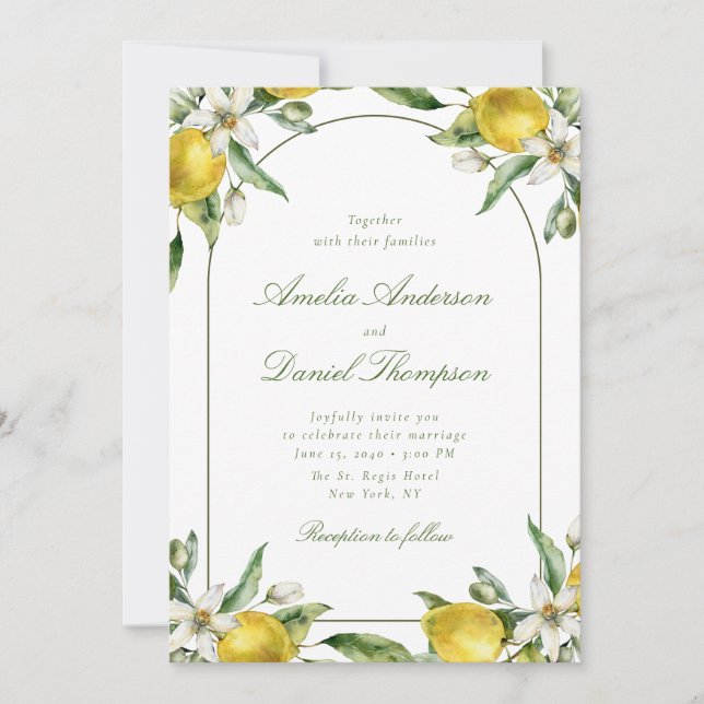 Faire-part de mariage à cadre floral et citron (Devant)
