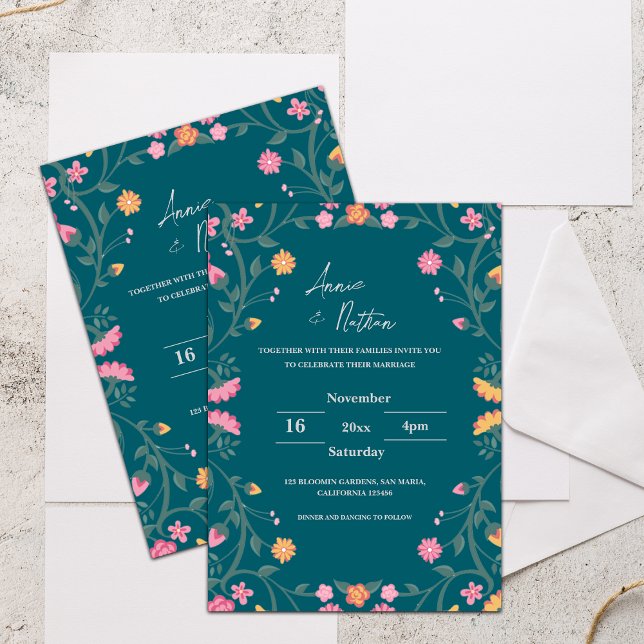Faire-part de mariage à cadre floral vert et compl (Green Intricate Floral Frame Wedding Invitation)