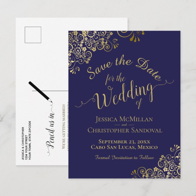 Faire-part de mariage à calligraphie dorée Bleu ma (Devant / Derrière)