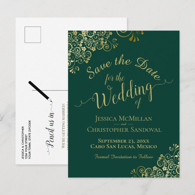 Faire-part de mariage à calligraphie dorée Émeraud (Devant / Derrière)