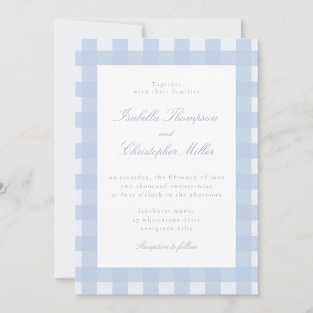 Faire-part de mariage à carreaux bleus (Devant)