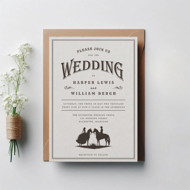 Faire-part de mariage à cheval Cowboy (Western wedding invitation with a silhuette of a bride and groom on horsebacks!)