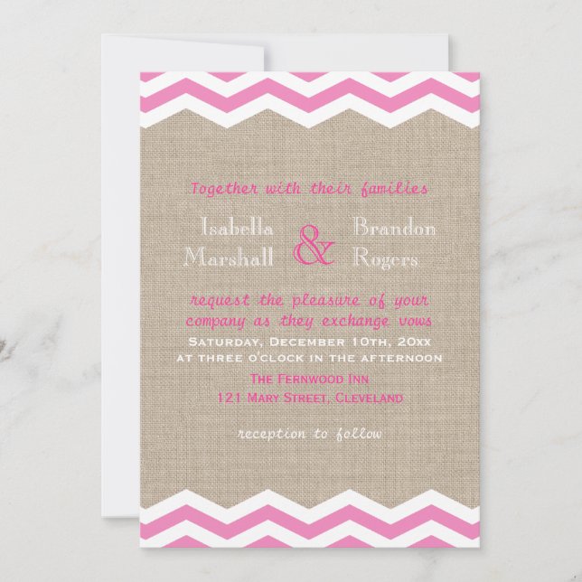 Faire-part de mariage à chevrons roses sur toile d (Devant)