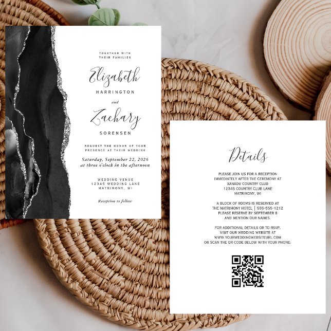 Faire-part de mariage à code QR Agate argent noir  (Créateur téléchargé)