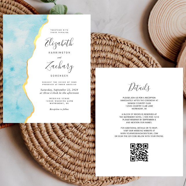 Faire-part de mariage à code QR agate bleu aqua aq (Créateur téléchargé)