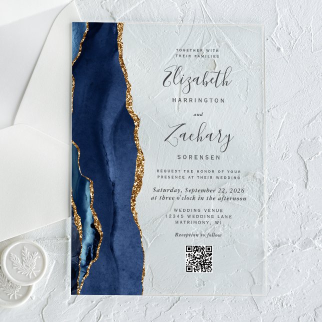 Faire-part de mariage à code QR Agate Or Bleu Mari (Créateur téléchargé)