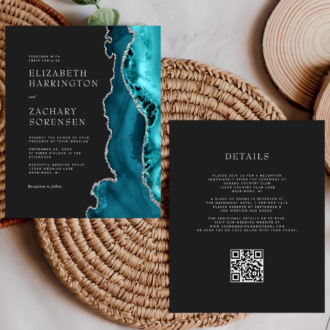 Faire-part de mariage à code QR argent Agate sarce (Créateur téléchargé)