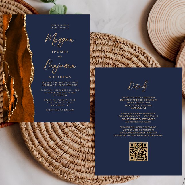 Faire-part de mariage à code QR bleu marine Agate  (Créateur téléchargé)