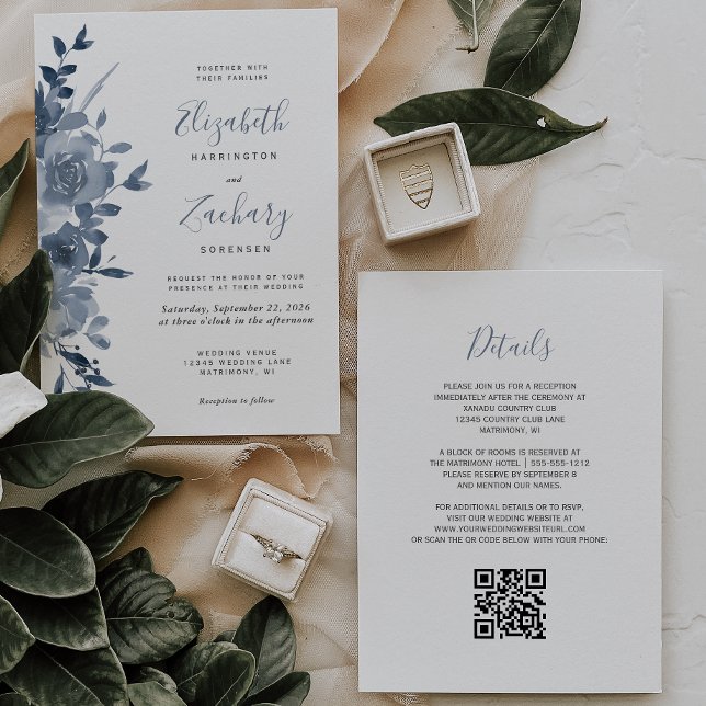 Faire-part de mariage à code QR bleu poussiéreux f (Créateur téléchargé)