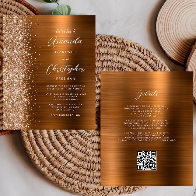 Faire-part de mariage à code QR Budget Copper Glam (Créateur téléchargé)