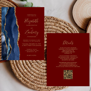 Faire-part de mariage à code QR Burgundy Navy Agat