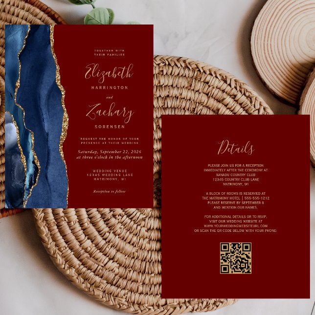 Faire-part de mariage à code QR Burgundy Navy Agat (Créateur téléchargé)
