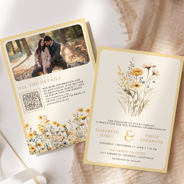 Faire-part de mariage à code QR de fleurs sauvages (Créateur téléchargé)