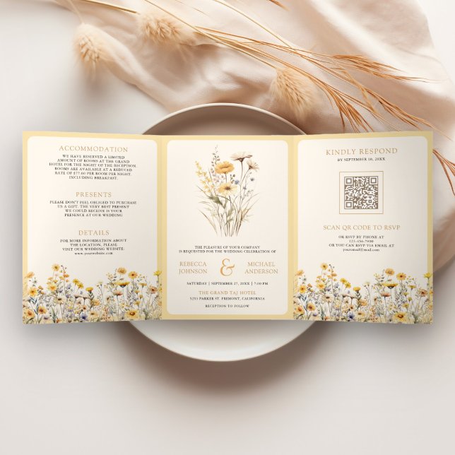 Faire-part de mariage à code QR de fleurs sauvages (Créateur téléchargé)