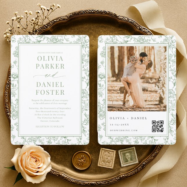 Faire-part de mariage à code QR de photo botanique (Créateur téléchargé)