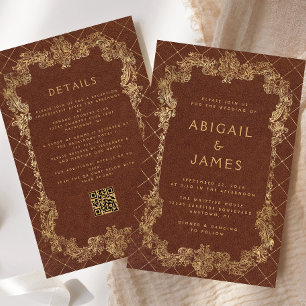 Faire-part de mariage à code QR doré vintage de bu